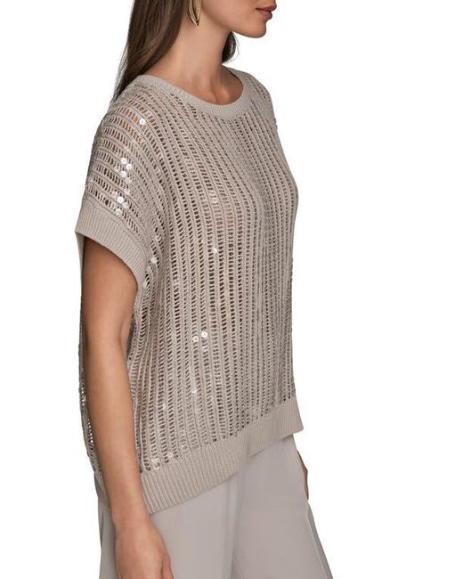 Donna Karan Gray Sequin Open Stitch Short Sleeve Sweater