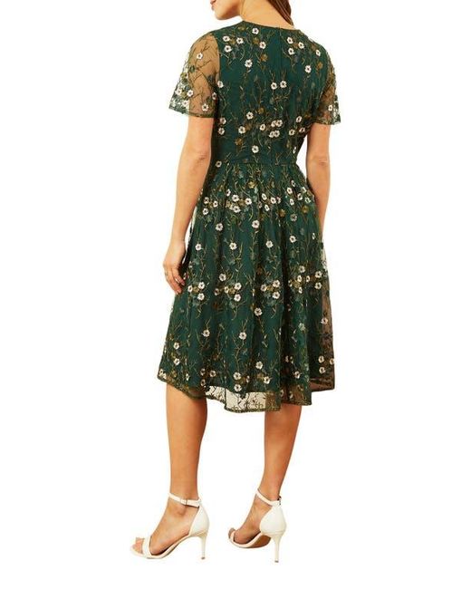 Yumi' Green Embroidered Floral Skater Dress
