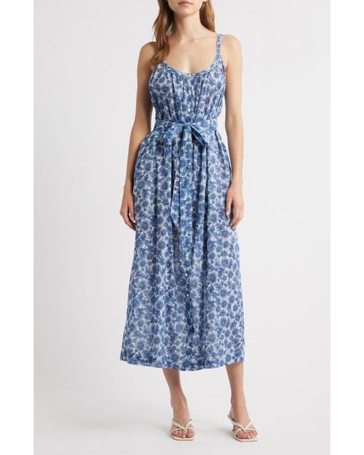 Doen Blue Nevita Belted Organic Cotton Voile Midi Dress
