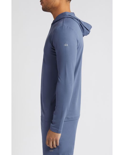 Alo Yoga Blue Conquer Reform Performance Hooded Long Sleeve T-shirt for men