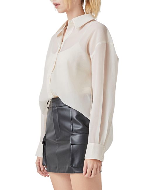 Grey Lab White Oversize Organza Long Sleeve Button-up Shirt