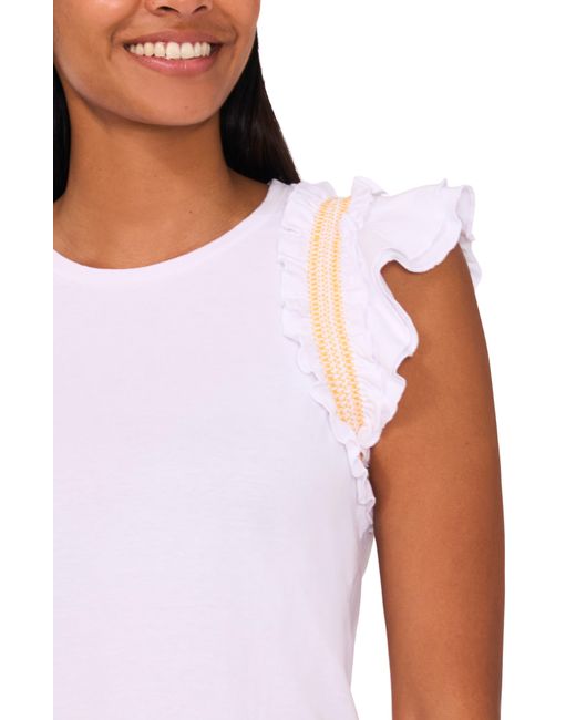 Cece White Contrast Smocked Ruffle Top