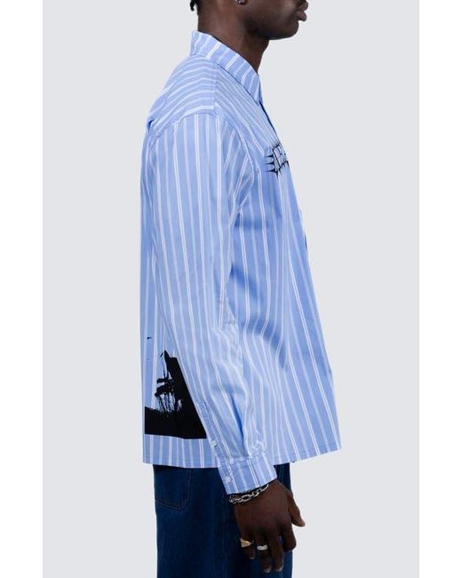 Pleasures Blue Fetch Stripe Graphic Button-Up Shirt for men