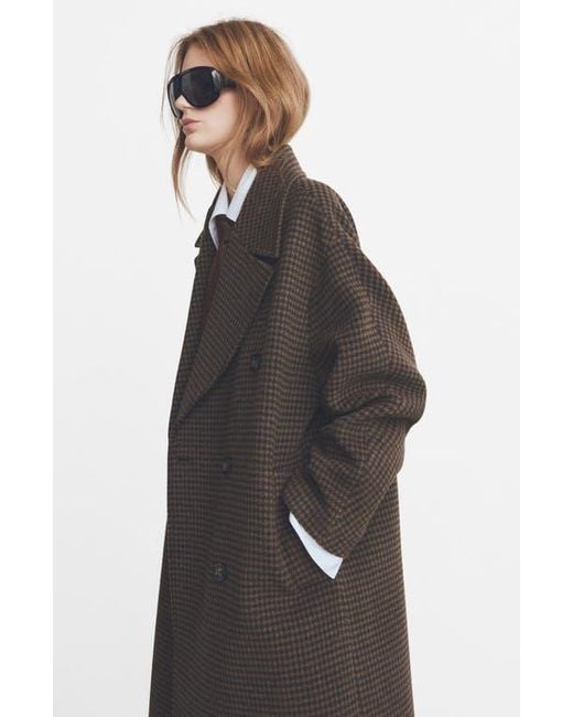 Mango Brown Micro Houndstooth Wool Blend Double Breasted Coat