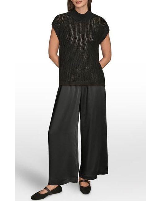Donna Karan Black Open Stitch Cap Sleeve Sweater