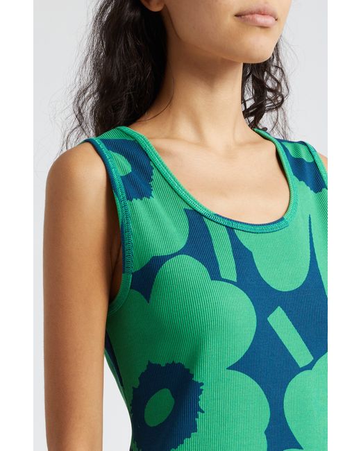 Marimekko Green Simpukka Unikko Rib Floral Cotton Tank Dress