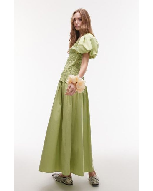 TOPSHOP Puff Sleeve Smocked Drop-Waist Cotton Maxi Dress in Green | Lyst