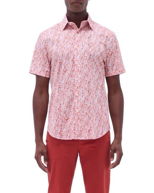 Bugatchi Red Orson Trim Fit Leaf Print Short Sleeve Stretch Cotton Button-Up Shirt for men