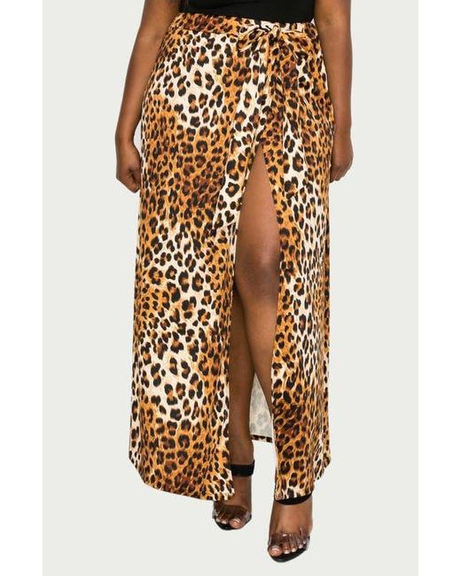 L I V D Gray Leopard Tie Front High Waist Faux Wrap Maxi Skirt