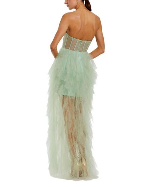 Mac Duggal Green Strapless Bustier Net Gown With Spiral Ruffles