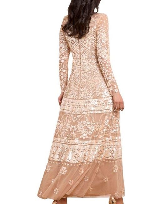 Needle & Thread Natural Aurora Long Sleeve Round Neck Gown