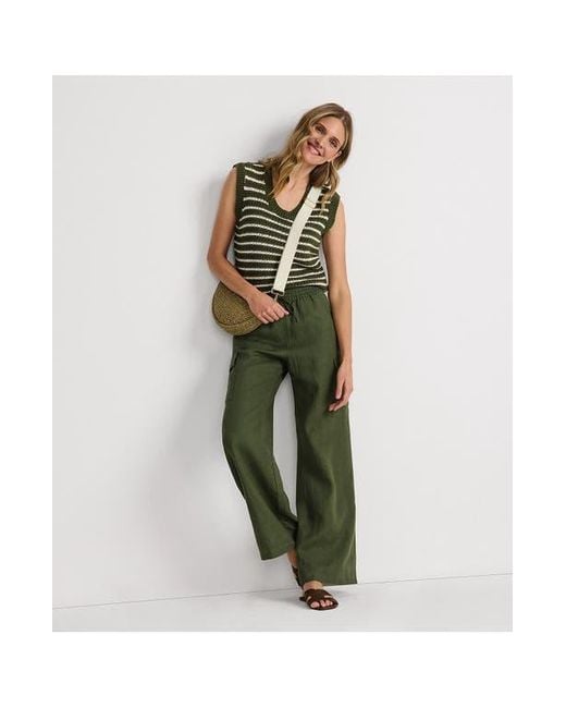 Lands' End Green Linen High Rise Elastic Back Wide Leg Cargo Pants