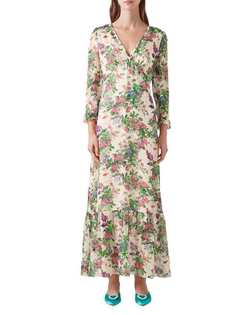 L.K.Bennett Natural Deborah Devore Long Sleeve Silk Blend Dress