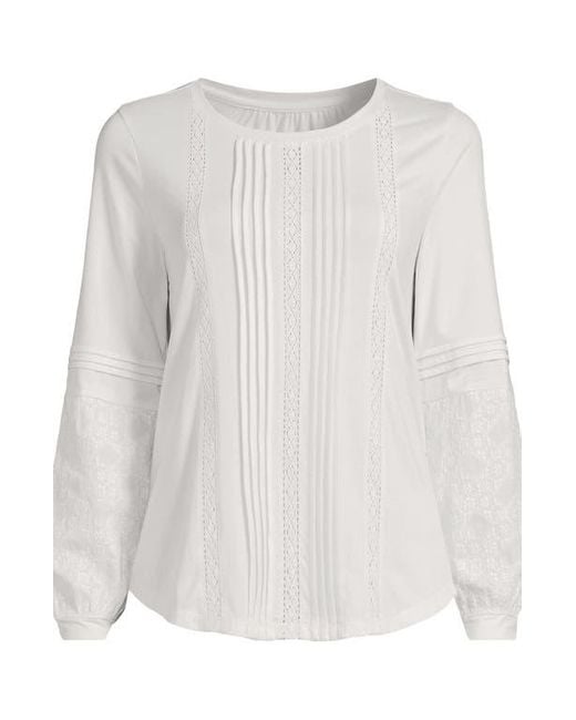 Lands' End White Lightweight Jersey Lace Mix Long Sleeve Pintuck Top
