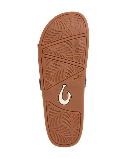 Olukai Blue Pākea Leather Slide Sandal