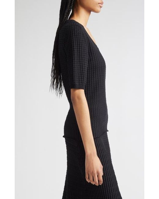 Lafayette 148 New York Black Mixed Stitch Short Sleeve Sweater