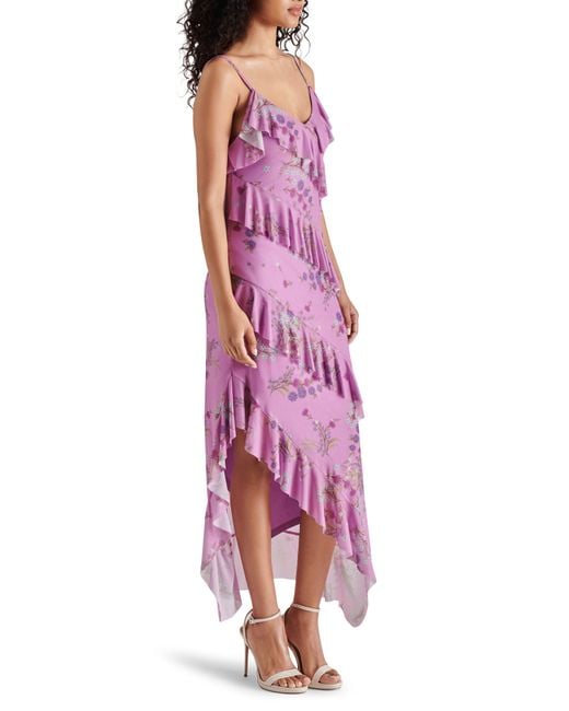 Steve Madden Purple Aida Floral Print Ruffle Sleeveless Asymmetric Midi Dress