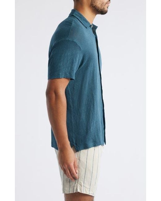 Alex Crane Blue Ola Linen Knit Short Sleeve Button-Up for men