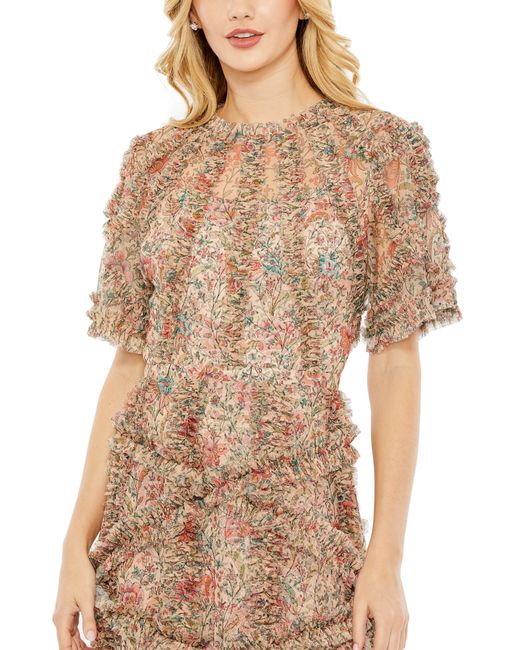 Mac Duggal Natural Floral Flutter Sleeve Ruffle Mesh A-line Dress
