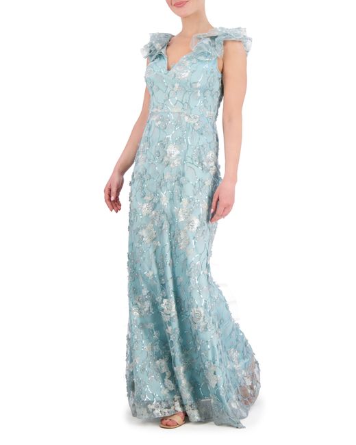 Eliza J Blue Embellished Floral Appliqué Mermaid Gown