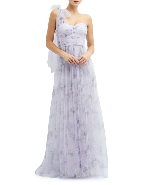 Dessy Collection Purple Floral Tulle One-shoulder Gown