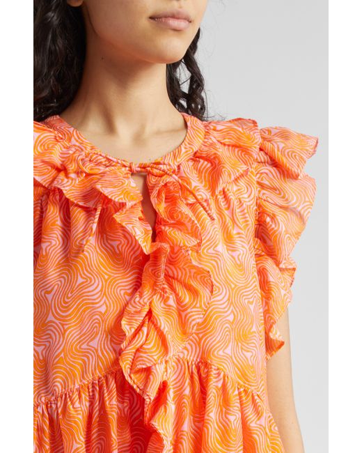 Cinq À Sept Orange Letitia Waves Print Cotton & Silk Trapeze Minidress
