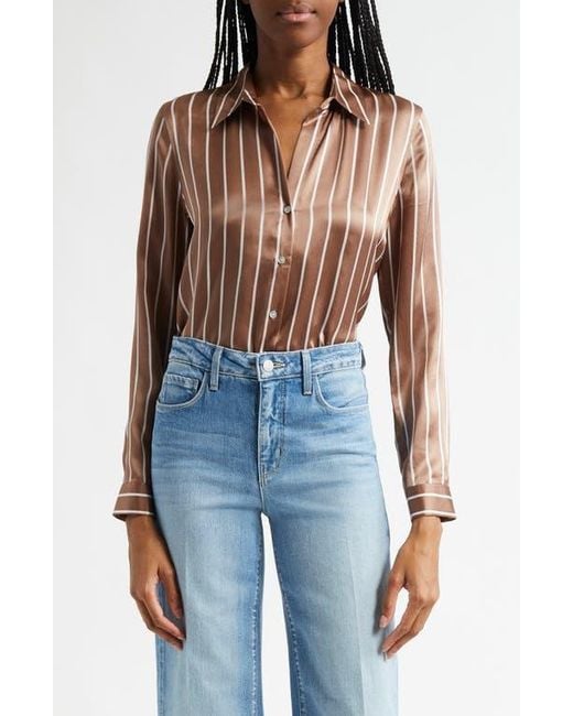 L'Agence Blue Tyler Stripe Silk Button-Up Shirt