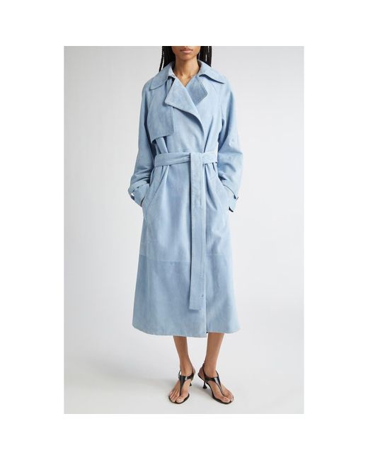 Proenza Schouler Blue Ramona Belted Suede Trench Coat