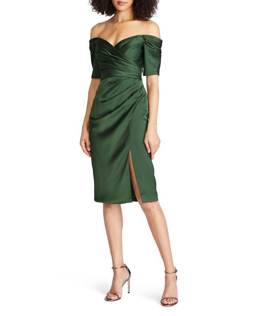 THEIA Green Holland Pleated Off The Shoulder Satin Cocktail Dress