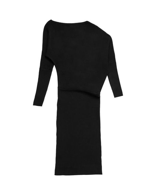 DELUC Women's Black Elijah One-Shoulder Long Sleeve Midi Sweater Dress