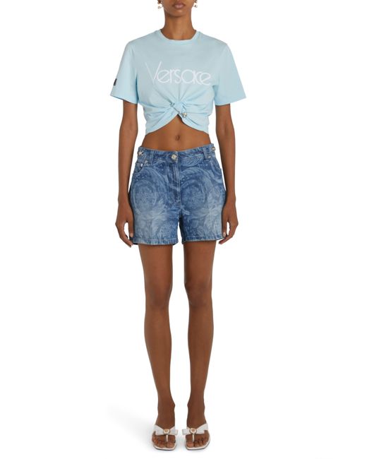 Versace Blue 1978 Re-edition Logo Safety Pin Crop Graphic T-shirt