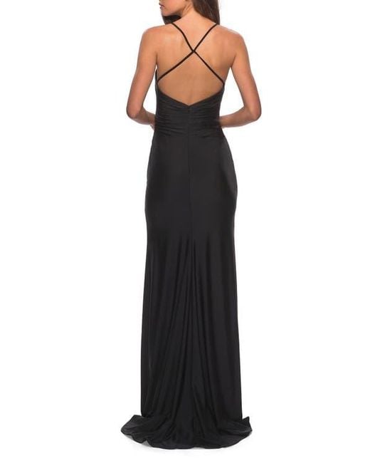 La Femme Long Homecoming Dress With Slit And Criss Cross Back in Black |  Lyst