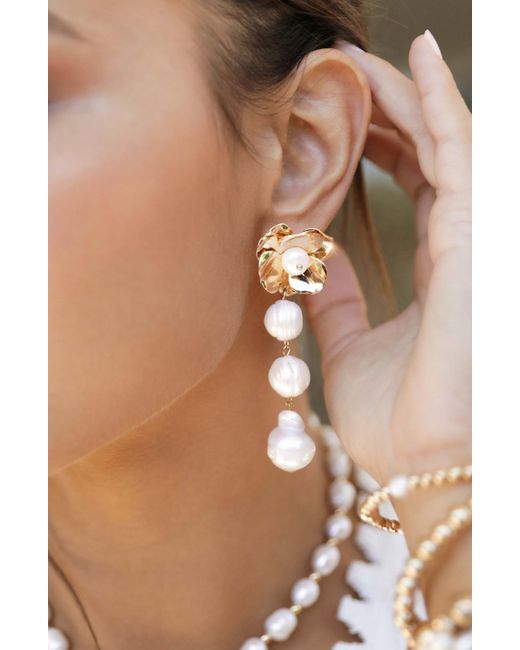 Ettika White Cultured Freshwater Pearl Drop Floral Earrings