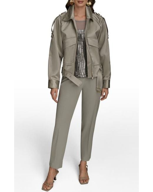 Donna Karan Gray Belted Satin Bomber Jacket