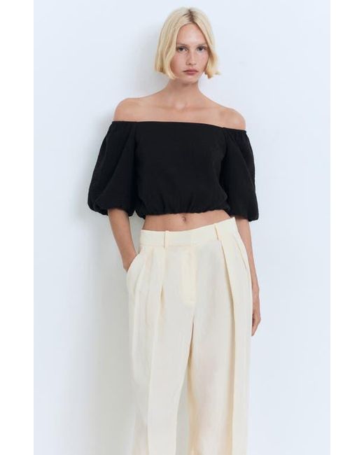 Mango Black Puffed Off The Shoulder Crop Top