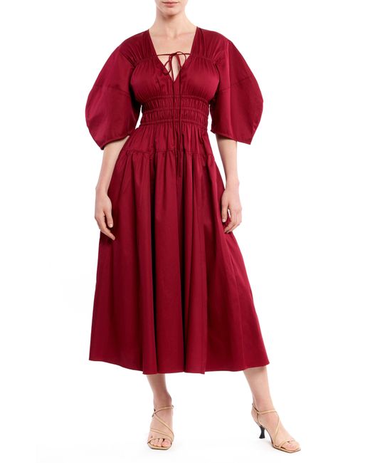 La Ligne Smocked Waist Puff Sleeve Midi Dress in Red | Lyst
