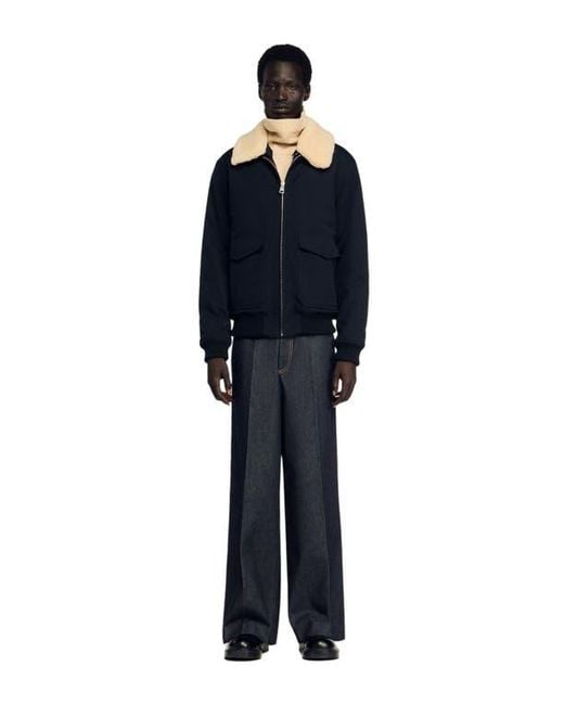 Sandro Blue Shearling Collar Aviator Jacket for men