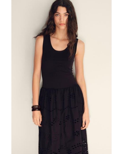 Mango Embroidered Eyelet Detail Mixed Media Cotton Blend Dress in Blue |  Lyst