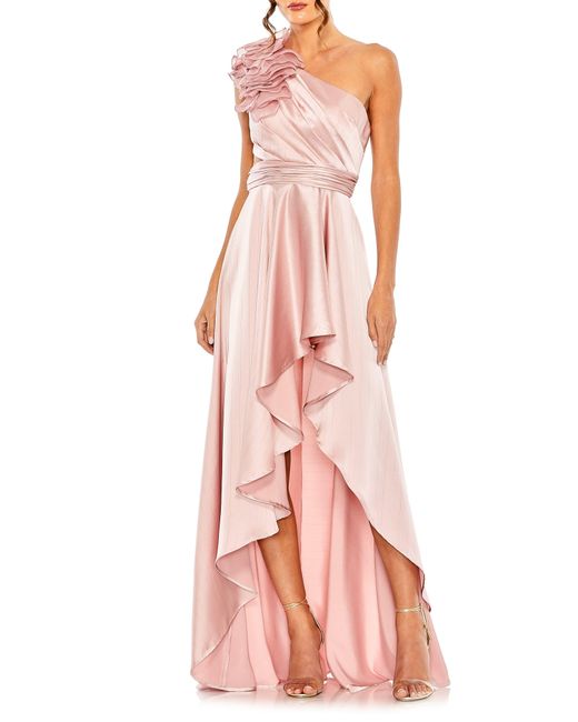 Ieena for Mac Duggal Pink Ruffle Cutout One-shoulder High-low Satin Gown