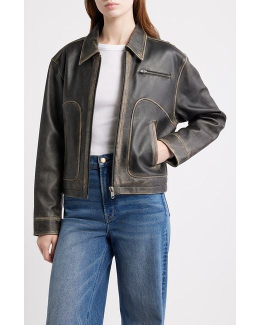 Frye Black Distressed Leather Bomber Jacket