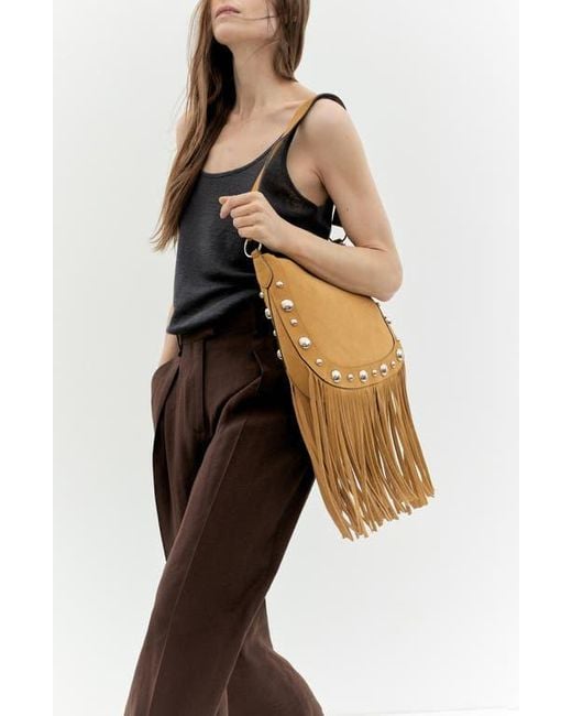 Mango Metallic Studded Fringe Suede Shoulder Bag
