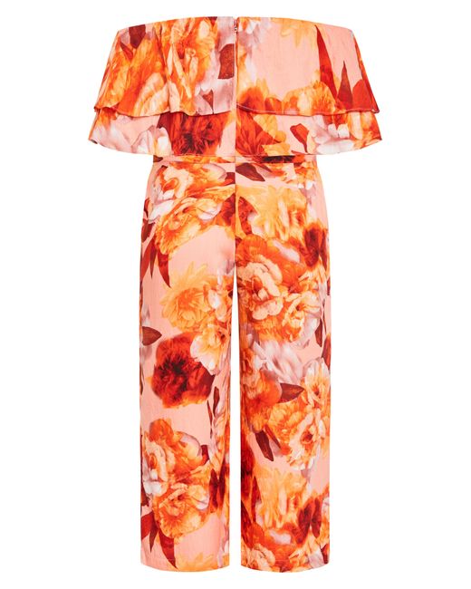 City Chic Orange Poppie Floral Print Off The Shoulder Jumpsuit