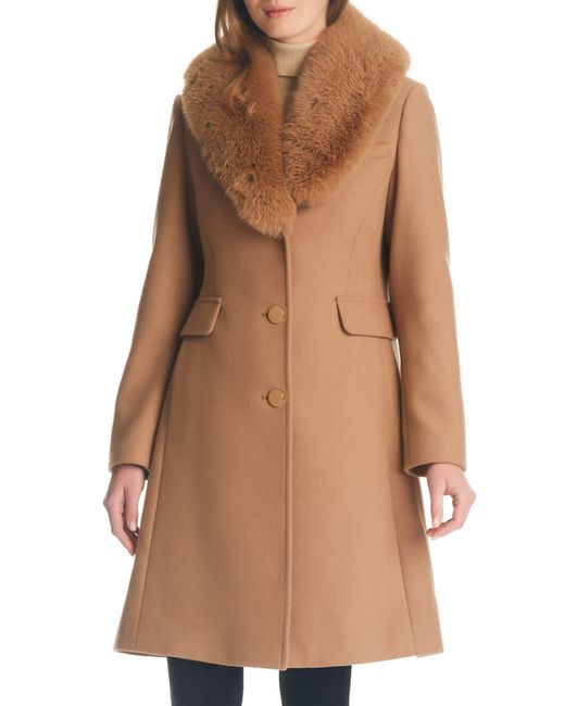 Kate Spade Brown Single Breasted Coat With Faux Fur Collar