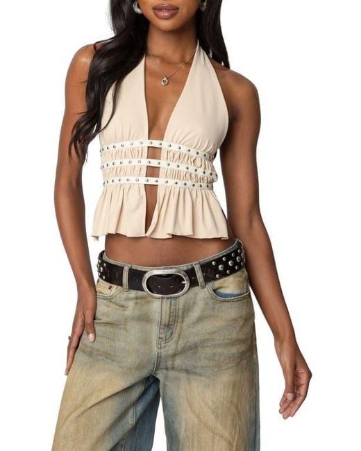 Edikted Red Studded Split Front Open Back Halter Top
