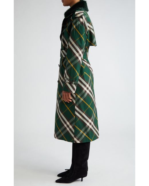 Burberry Green Check Water Resistant Gabardine Trench Coat With Removable Faux Fur Collar