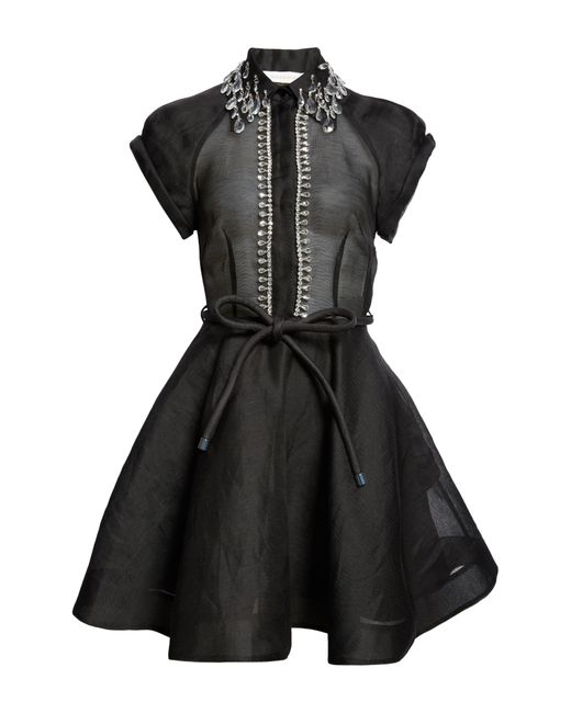 Zimmermann Black Matchmaker Crystal Embellished Belted Linen & Silk Organza Minidress