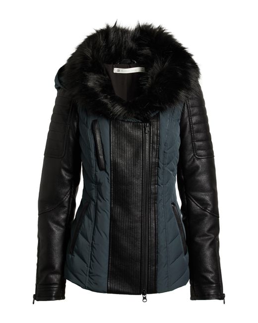 BLANC NOIR Sophia Hooded Mixed Media Faux Leather Quilted Jacket With