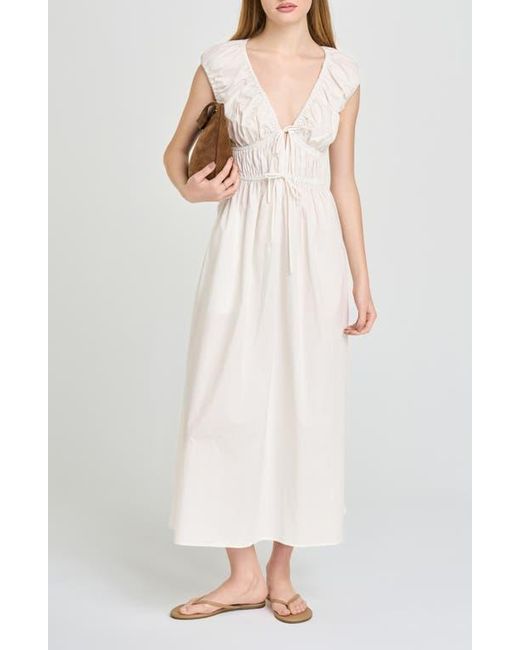 Wayf White Liv Ruched Stretch Cotton Poplin Midi Dress