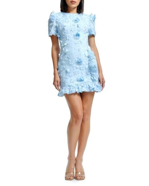 Dress the Population Blue Brittany 3D Floral Appliqué Chiffon Cocktail Minidress