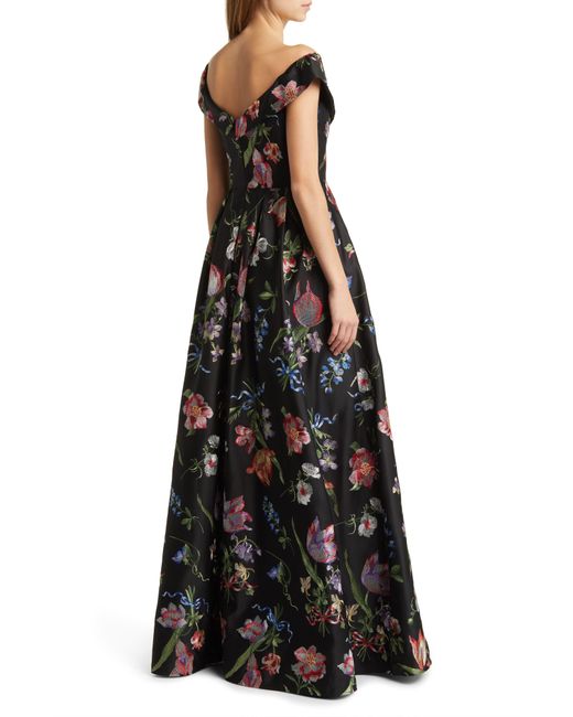 Marchesa Black Floral Embroidered Off-the-shoulder A-line Gown